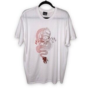 Popular Sports Dragon Graphic White Short Sleeve Crew Neck T Shirt Size Large